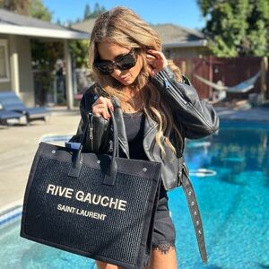 Saint Laurent Rive Gauche Black and Cream Raffia embroidered Tote